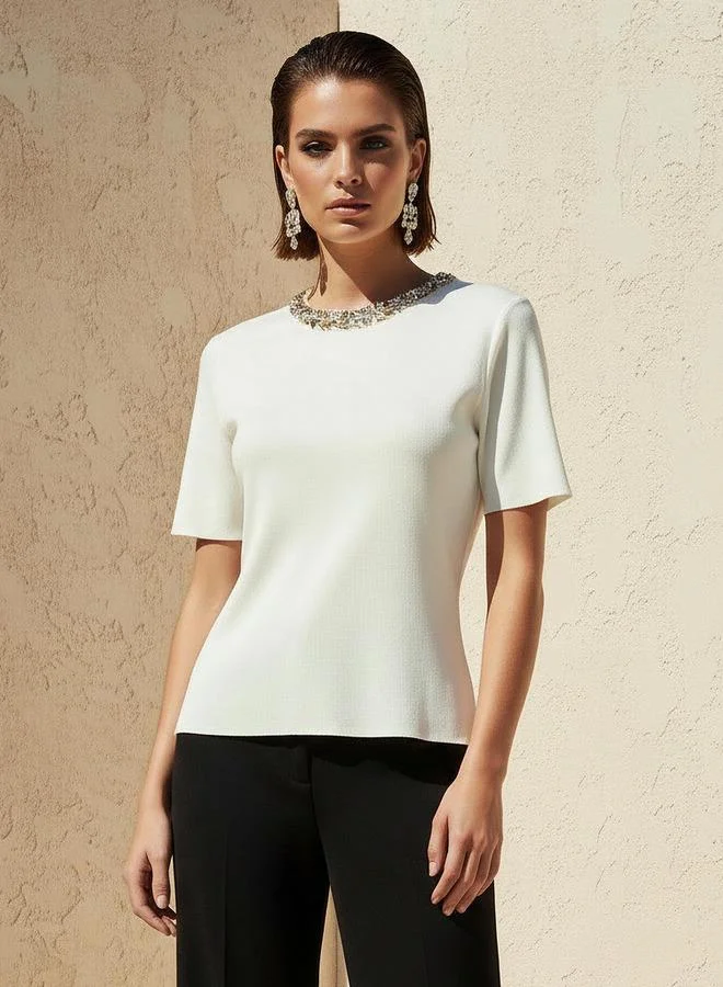 ايكونيك Iconic Regular Fit Peplum Top with Embellished Detail